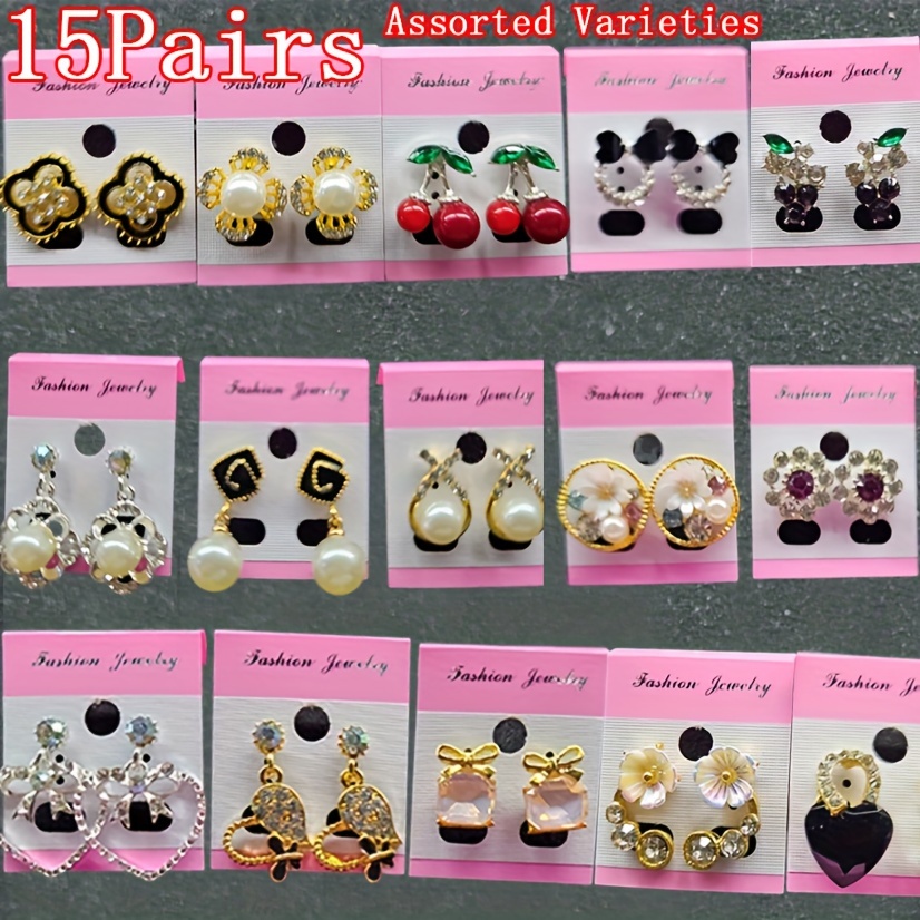 

15 Pairs Flower Stud Earrings Inlaid Synthetic Pearl Fruit Cherry Rhinestone Ear Jewelry Accessories Holiday Party Decor For Women Ideal Choice For Gifts