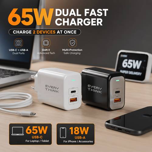 65 fast charger 65w 18w high speed for multi devices power adapter plug dual port usb c a wall charger adapter pd 3 0 qc 3 0 block for pro iphone 17 16 15 pro max s24 s23 ipad laptop white black