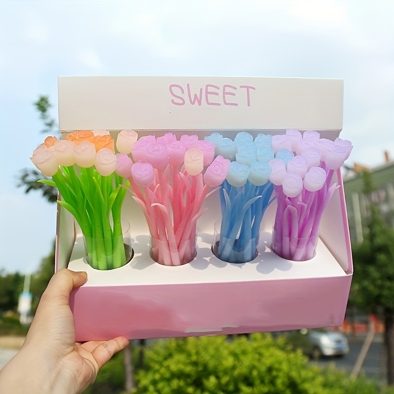 

12pcs, 12pcs/0.5mm Small Color-changing Soft Glue Black Neutral Pen, Flower Gift Pen Student Stationery, Student, Office And School Supplies (random Colors)