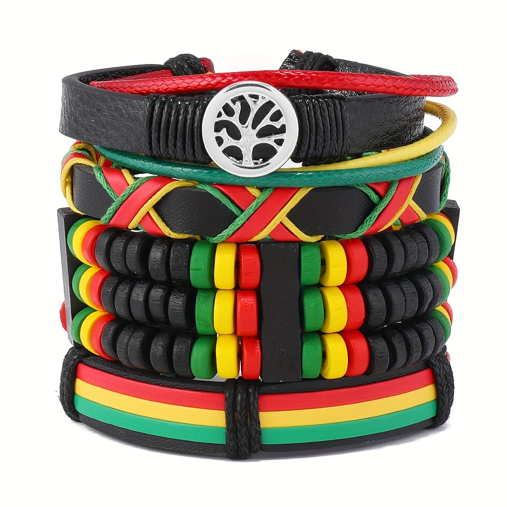 E-shop Neues Rot, Gelb Grün Farbe Friedensbaum Leder Holzperlen Mehrschichtiges Armband Handgeflochten Vintage Mode Leder Armband