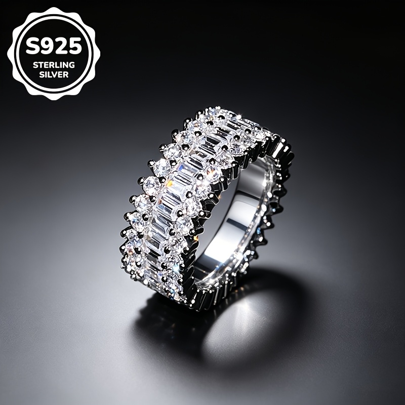Image of 1pc S925 925 Silvery Plated Luxurious Full Inlaid Synthetic Cubic Zirconiaia Ring, Unisex, High-quality Jewelry, Sizes 6, Suitable For Daily And High-end Occasions, Hip-hop Style