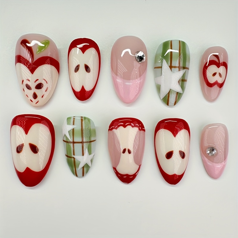 Image of 30pcs Medium Almond-shaped Nail Stickers Red & Star Pattern With 3d Rhinestone Accents Fresh & Shiny Design Full-coverage Artificial Nails For Women & Daily Wear Style