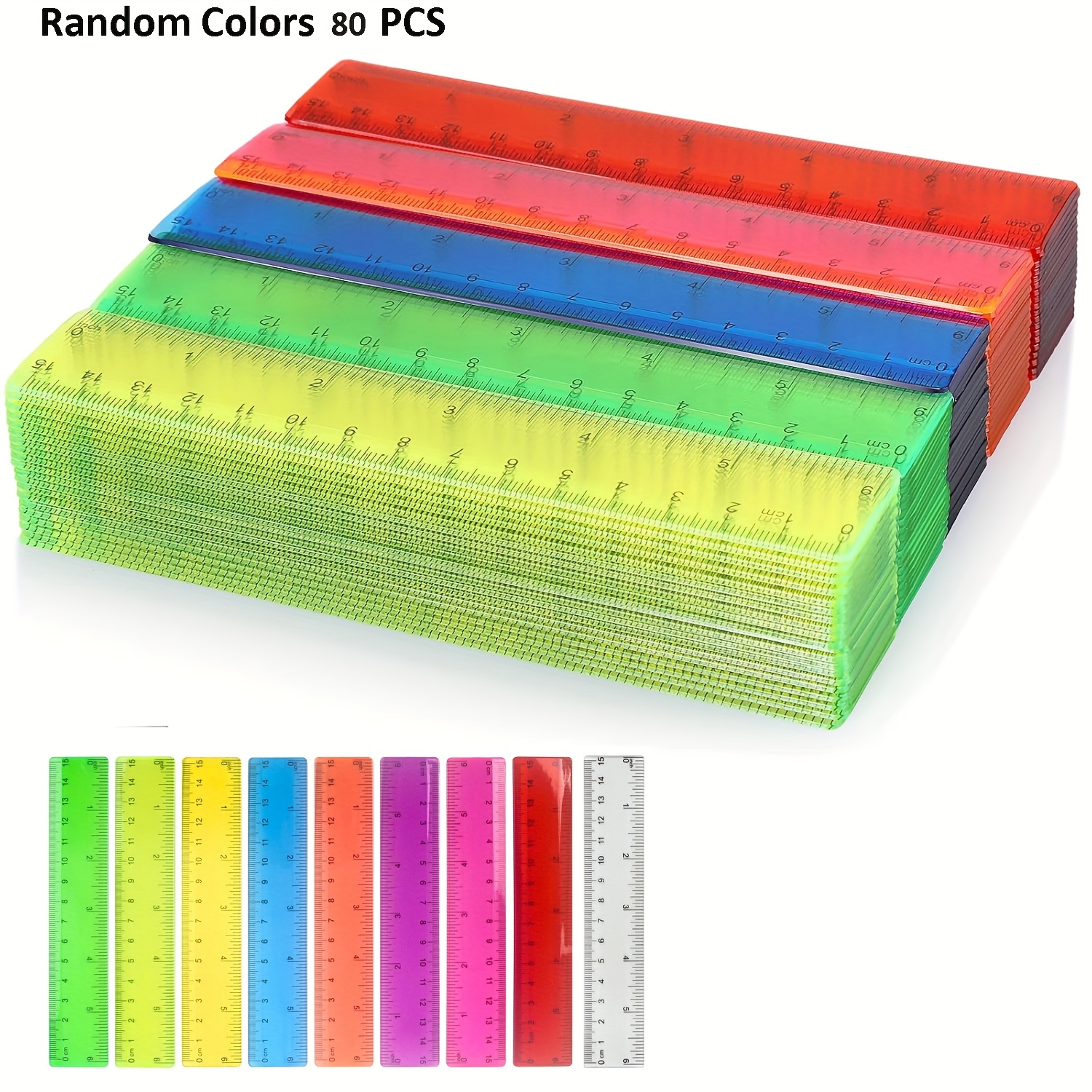 TEMU 50pcs 80pcs Rulers Bulk 6 Inch (15cm) Plastic Colorful Flexible Small Straight Rulers With Inches And Centimeters Office Supplies