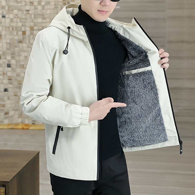 Chaqueta de polar para hombre, abrigo con cremallera resistente al viento para otoño, chaqueta con capucha casual, cálida y moderna, color sólido