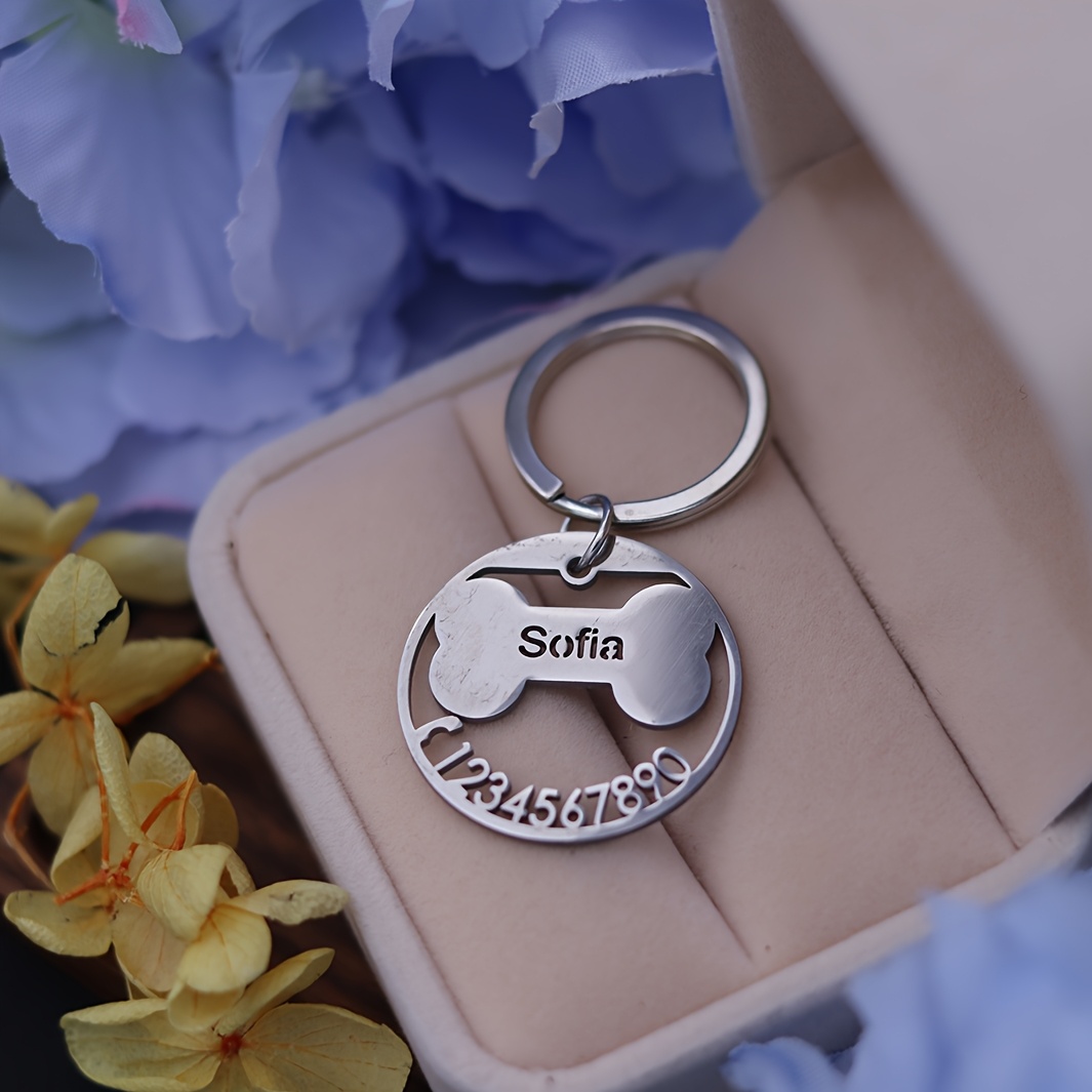 Custom Anti-lost Pet Id Round Tag Name Keychains, Stainless Bone Keyring, Personalized Custom Name Phone Number Key Chain, Memorial Gift For Loss Of Dog
