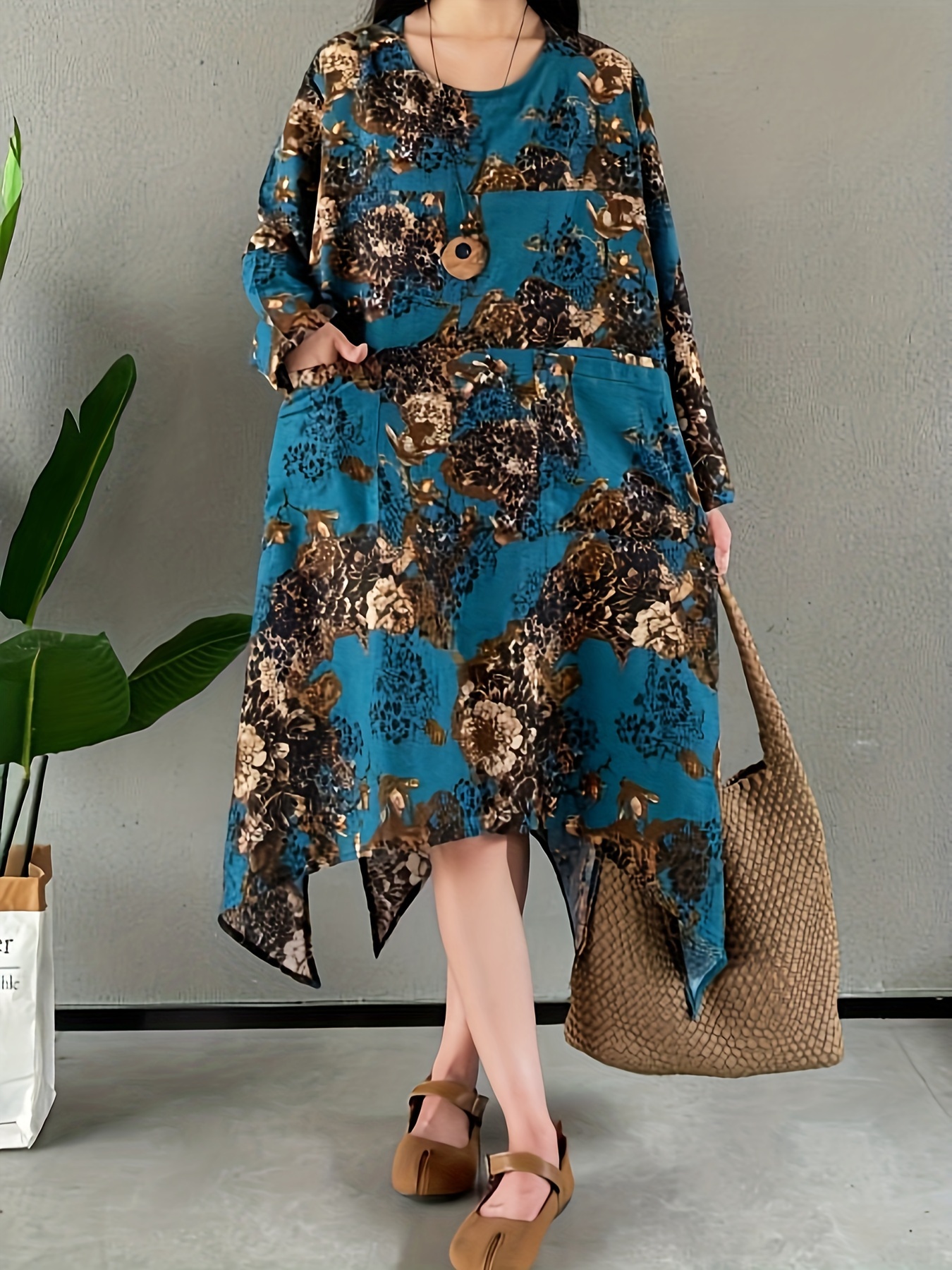 womens bohemian floral print long sleeve beach dress loose - Temu Oman