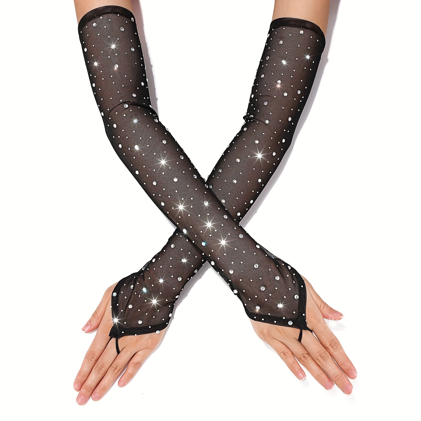 

Elegant Rhinestone-embellished Mesh Gloves - Vintage Style, Fingerless Long Stretch Arm Sleeves For Women & Girls - Perfect For , Proms & Bridal Parties