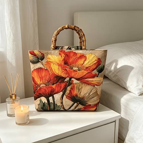 item picture oil painting style print bamboo handle tote bag bamboo knot handle casual carryall multi functional bag for and commuting vintage artistic style versatile shoulder bag everyday outing tote bag