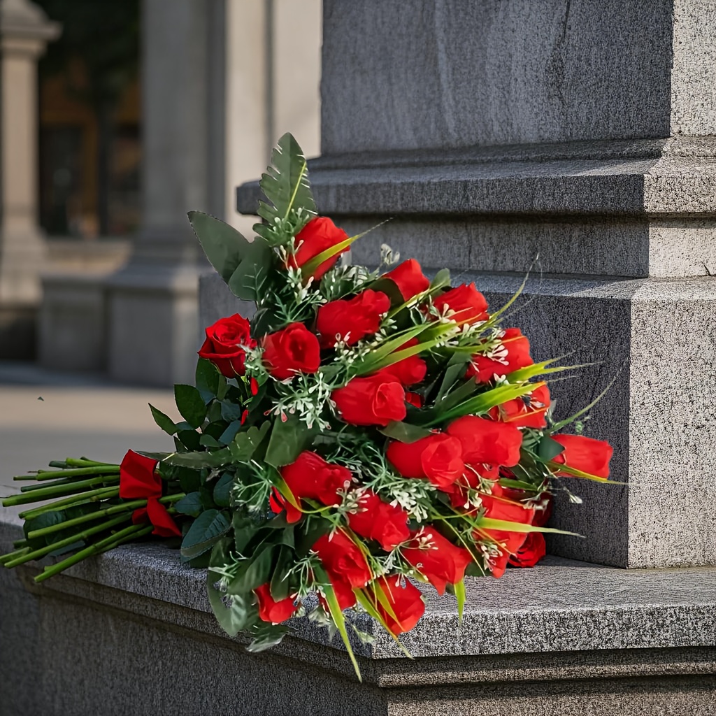Fiori Artificiali Per Tombe Cimitero – 2 Mazzi Di Rose E Gigli In Seta, Altezza 44 Cm, Resistenti Alle Intemperie (Rosa)