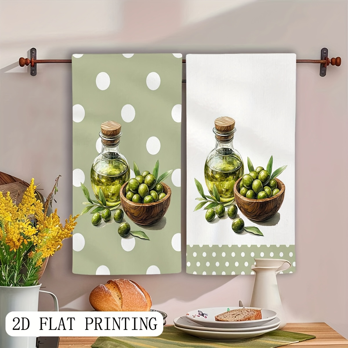 TEMU 2pcs Rustic Olive Oil And Towel - Modern Cartoon Branch Design, Durable Polyester Dish Towel, Festive Home Party Dec, Hand Wash Only, , High