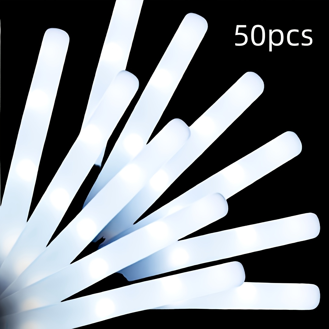 TEMU 50pcs White Led Light Up Foam Sticks, 3-mode Led Light That Glow In The Dark Party Supplies For Weddings, Birthdays, Concerts, Halloween, And