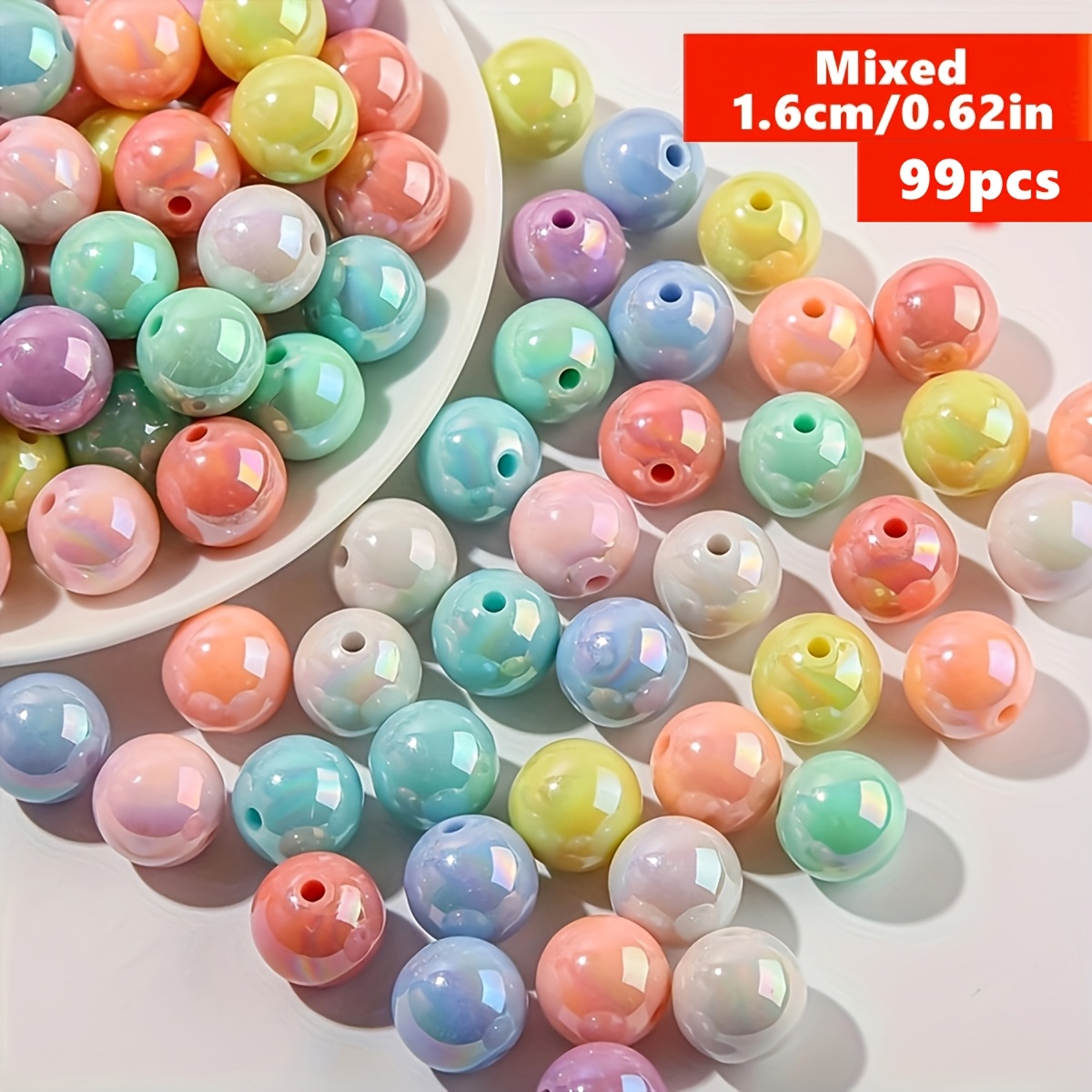 TEMU 99 pièces QYWCTZ Perles rondes acryliques multicolores style AB 12mm/16mm pour fabrication de bijoux DIY, breloques de téléphone, perles pour