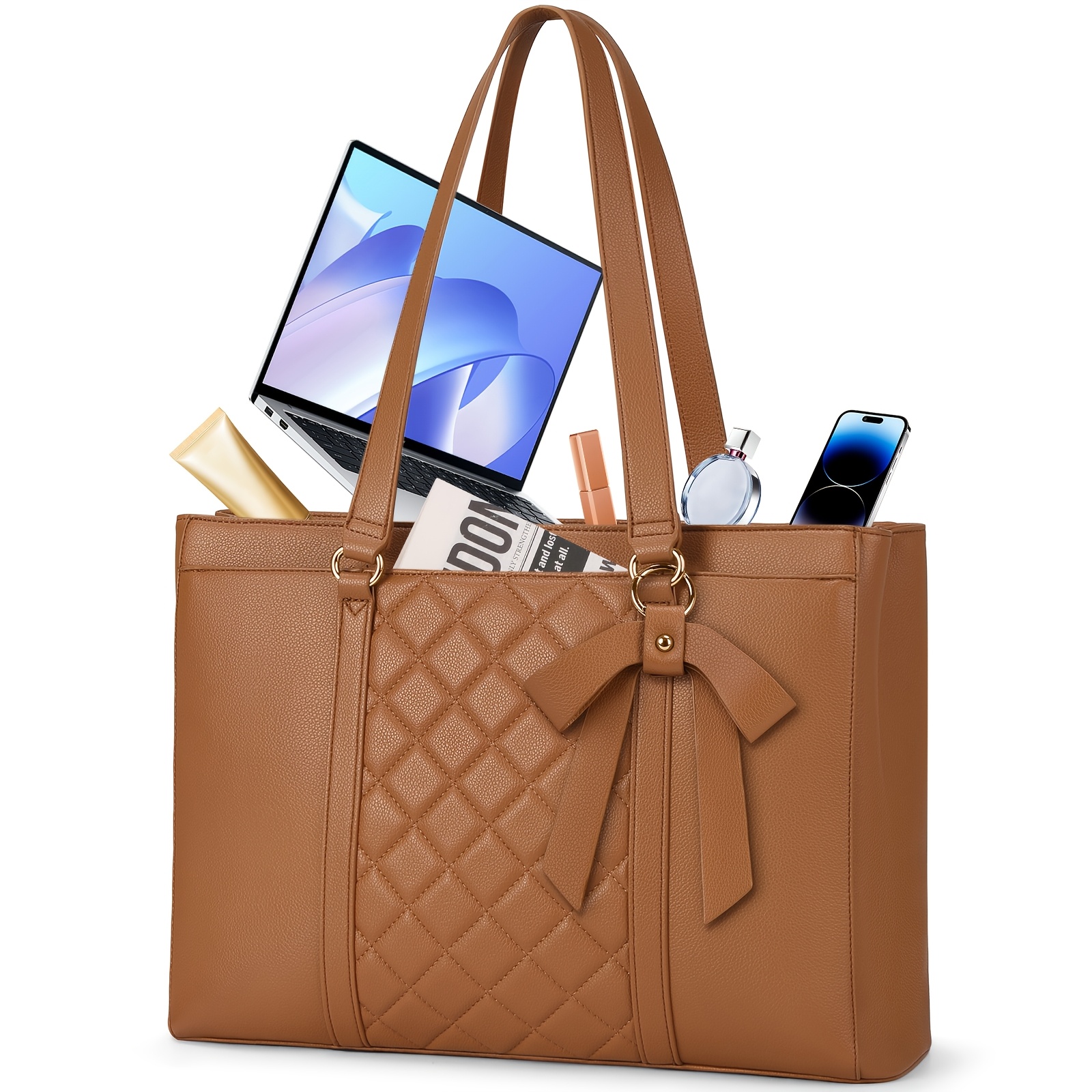 Image of Rainsmore Women's Large Shopping Bag, Faux Leather Tote, Work Bag, Women's Shoulder Bag, Campus Handbag, Brown Color