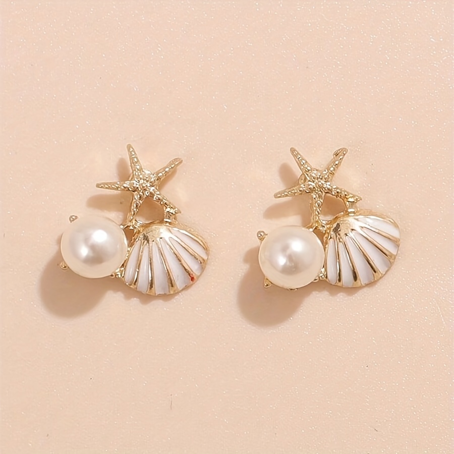 TEMU 1 Pair Of Ocean-themed Starfish And Seashell Stud Earrings, Simple, , Compact, And Sweet Earrings For Women