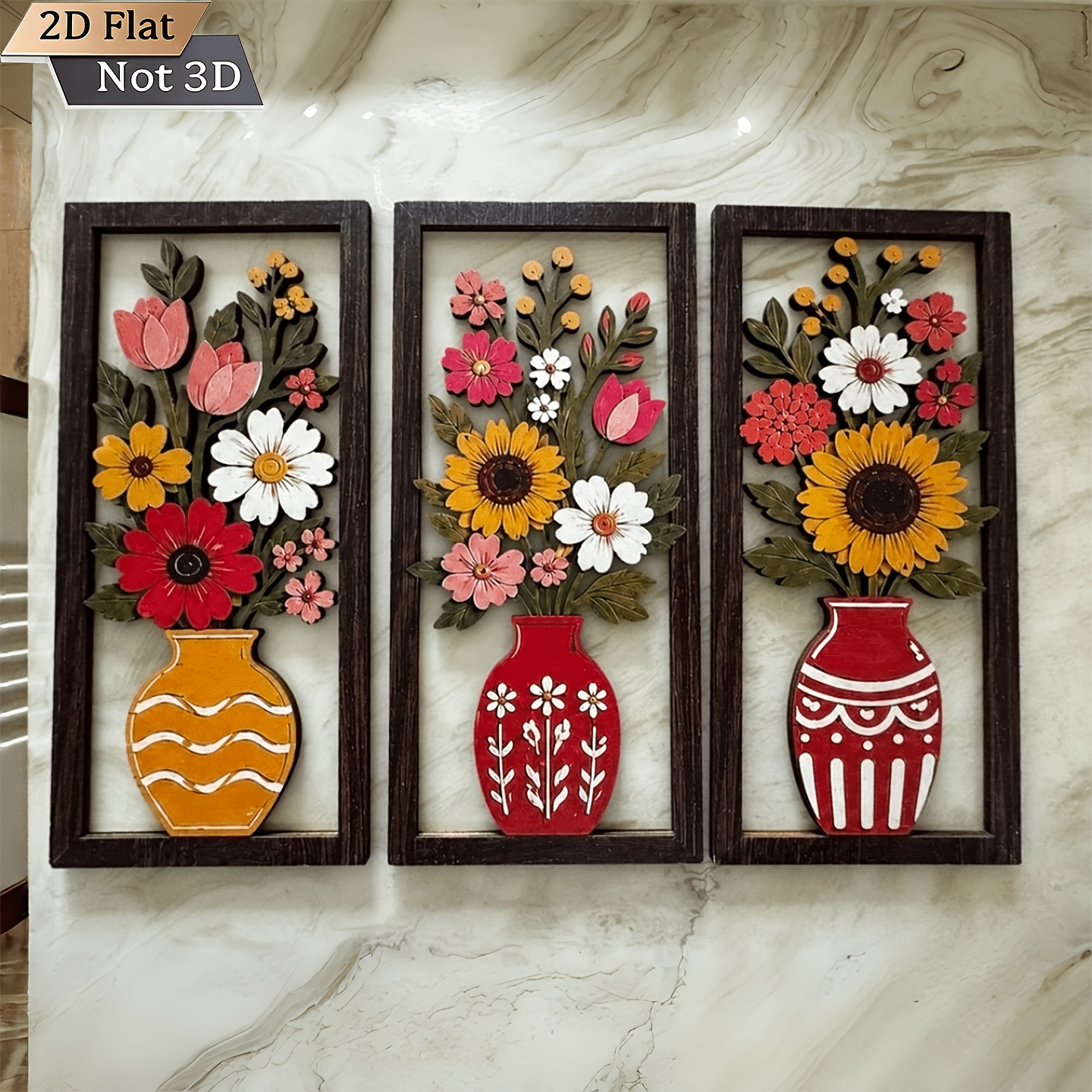 TEMU 2d Flat, 2d Flat, 3pcs , Bohemian Floral Vase Wooden Wall Decor - Colorful Bouquet Wall Art, Hand-painted Style Wall Decoration, Suitable For