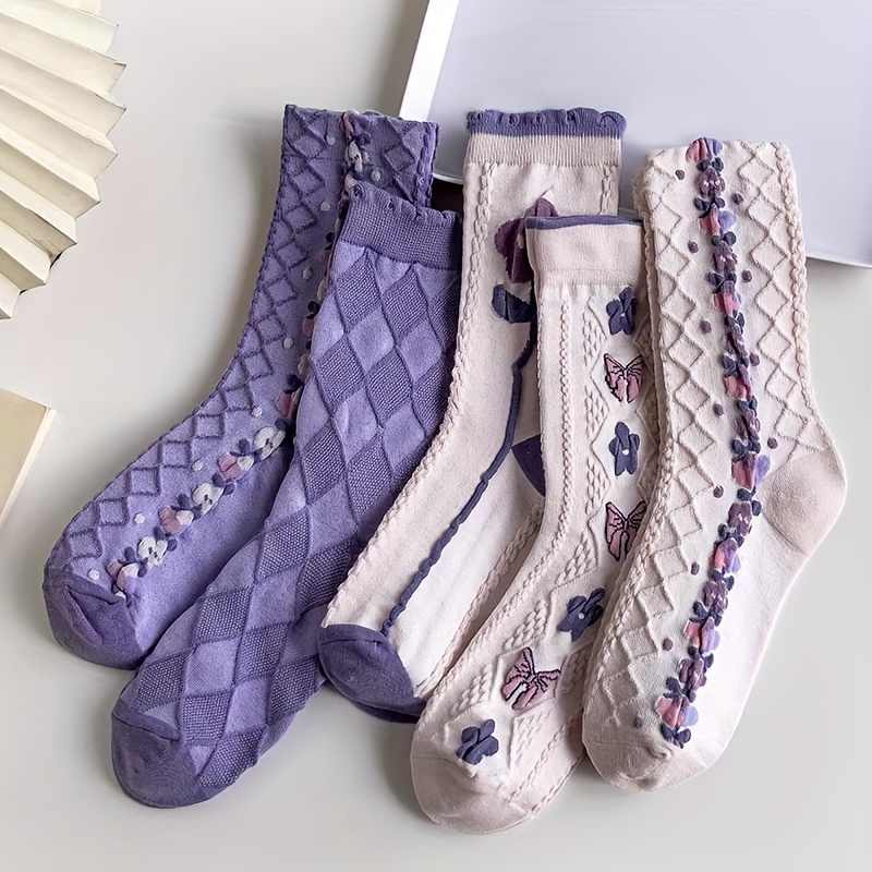 

Lady's Vintage Embossed Purple Floral Pattern Socks With Bow Details - 5 Pairs Of Mid-calf Socks