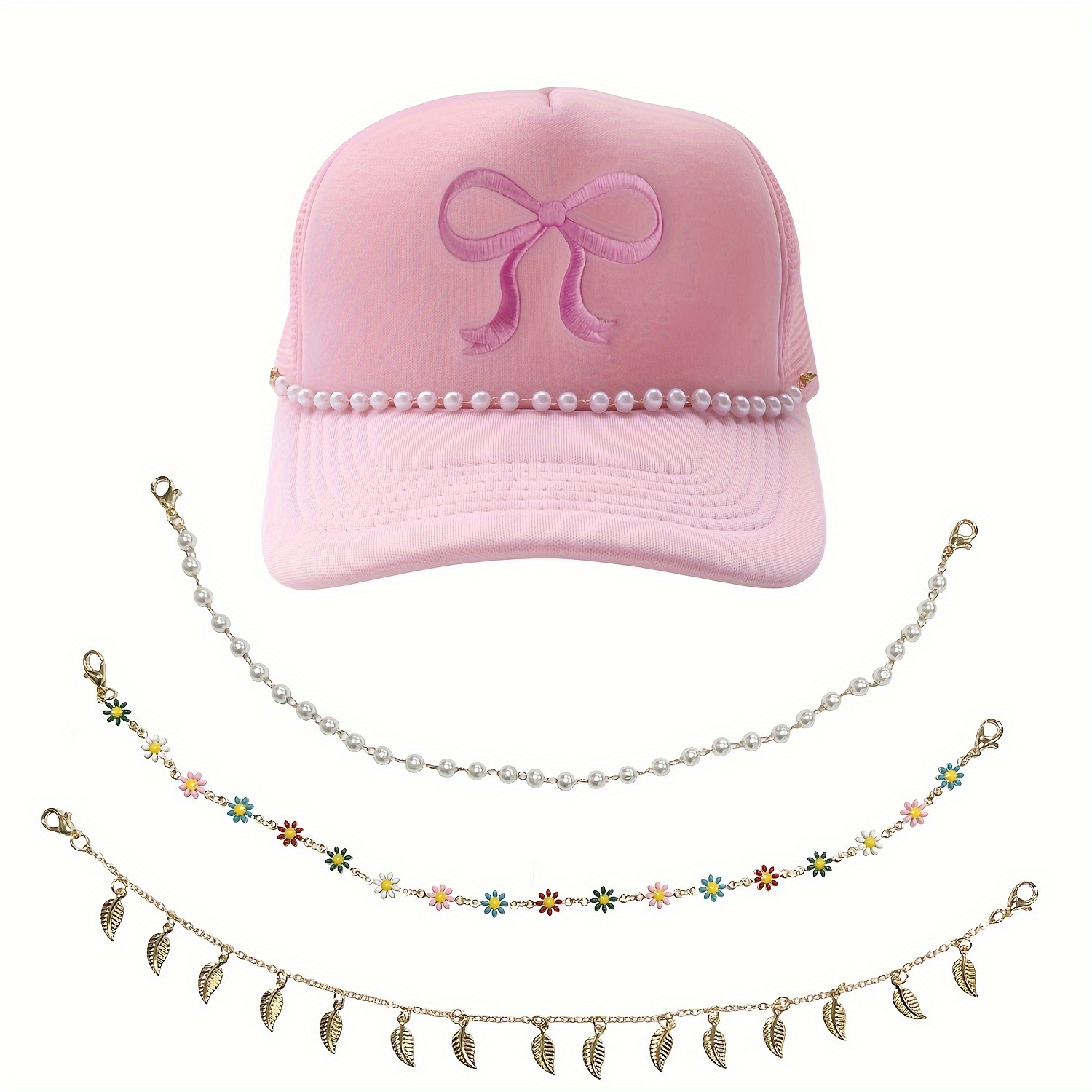 

3pcs Funky Style Hat Chains Accessory Set - Copper Hat Bill Charms With Durable Lobster Clasps, & Colorful Flower Decorations For Diy Mesh Baseball Caps & Trucker Hats