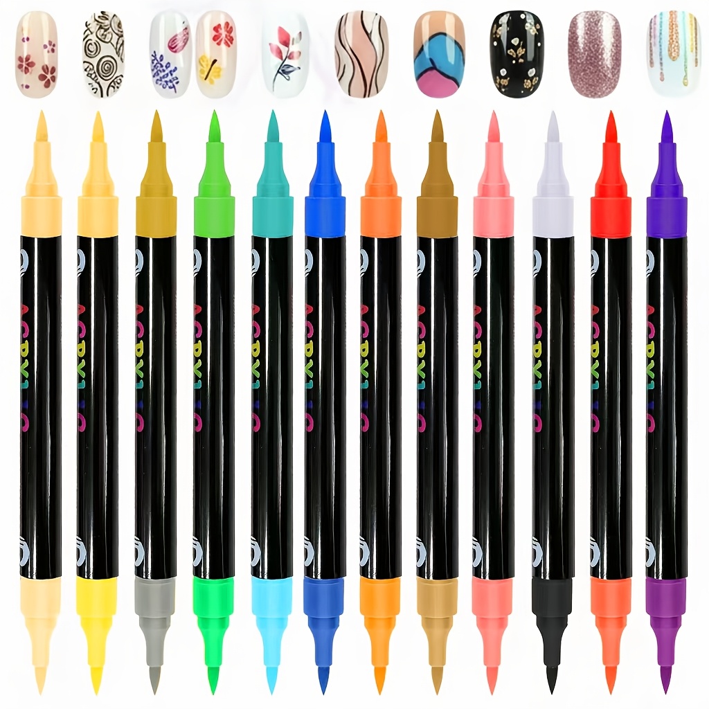TEMU 12pcs With 24 Colors, 24pcs With 48 Colors Double-ended Dual-color Nail Art Pens, Waterproof And Quick-drying Hand Painting Graffiti Pens. High-