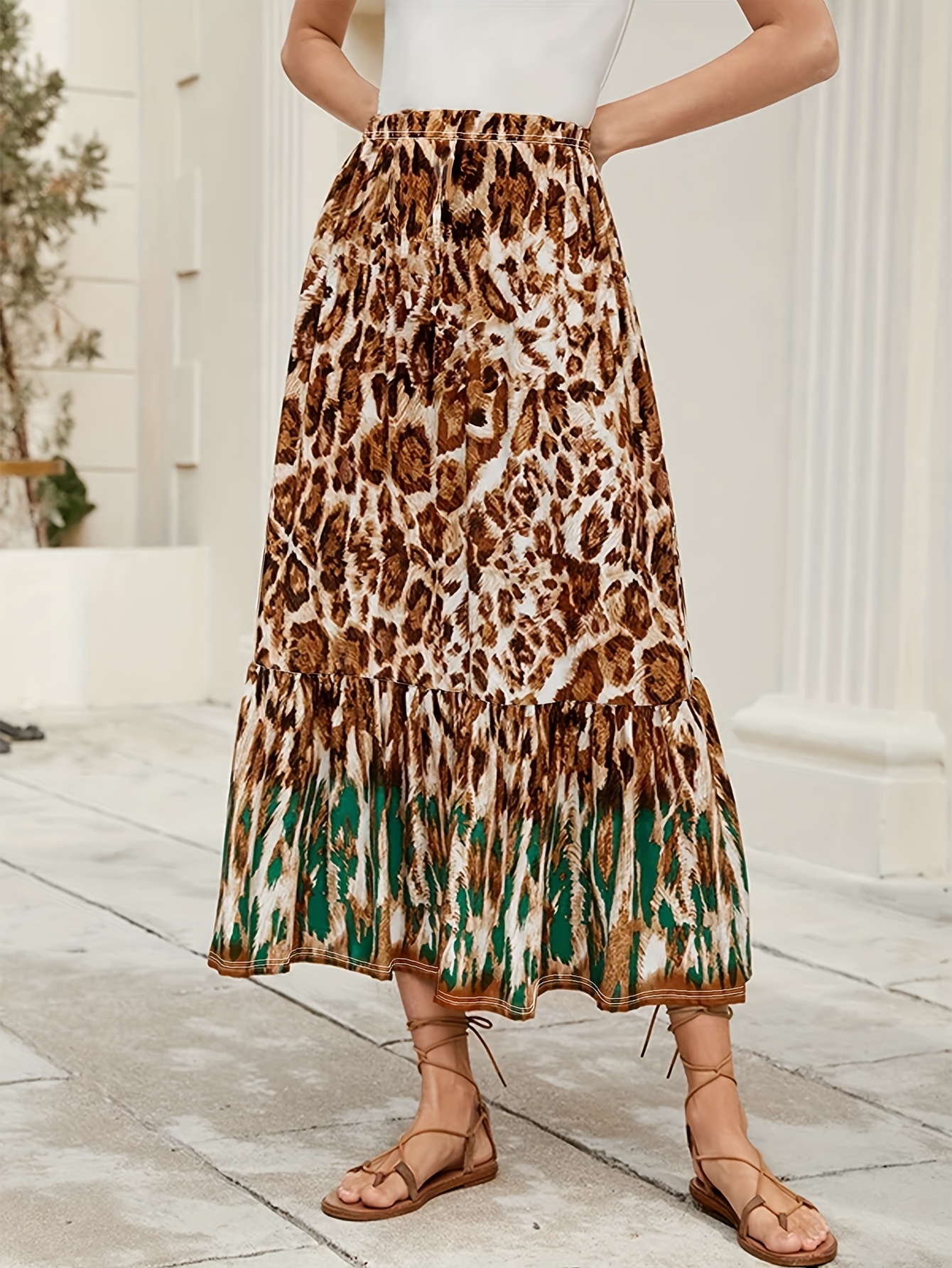 womens leopard print maxi skirt elegant brown green animal Temu