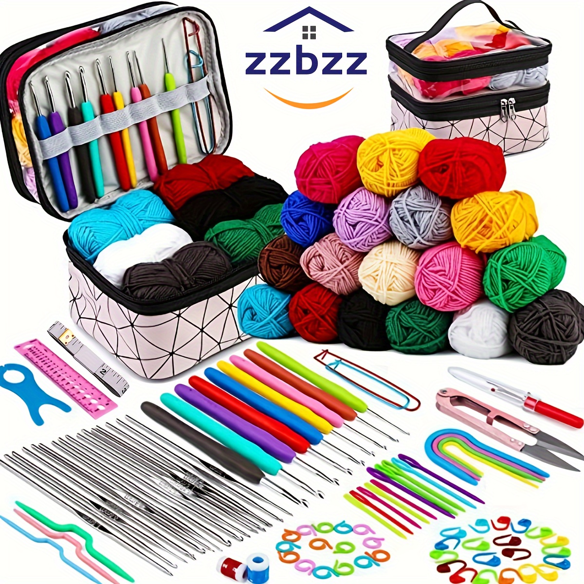 

Zzbzz 105pcs Crochet Kit For Beginners & Experts - Complete Diy Hand Knitting Set With Needles, Threads, Wool Storage - Pink Metal All-season Weaving Supplies