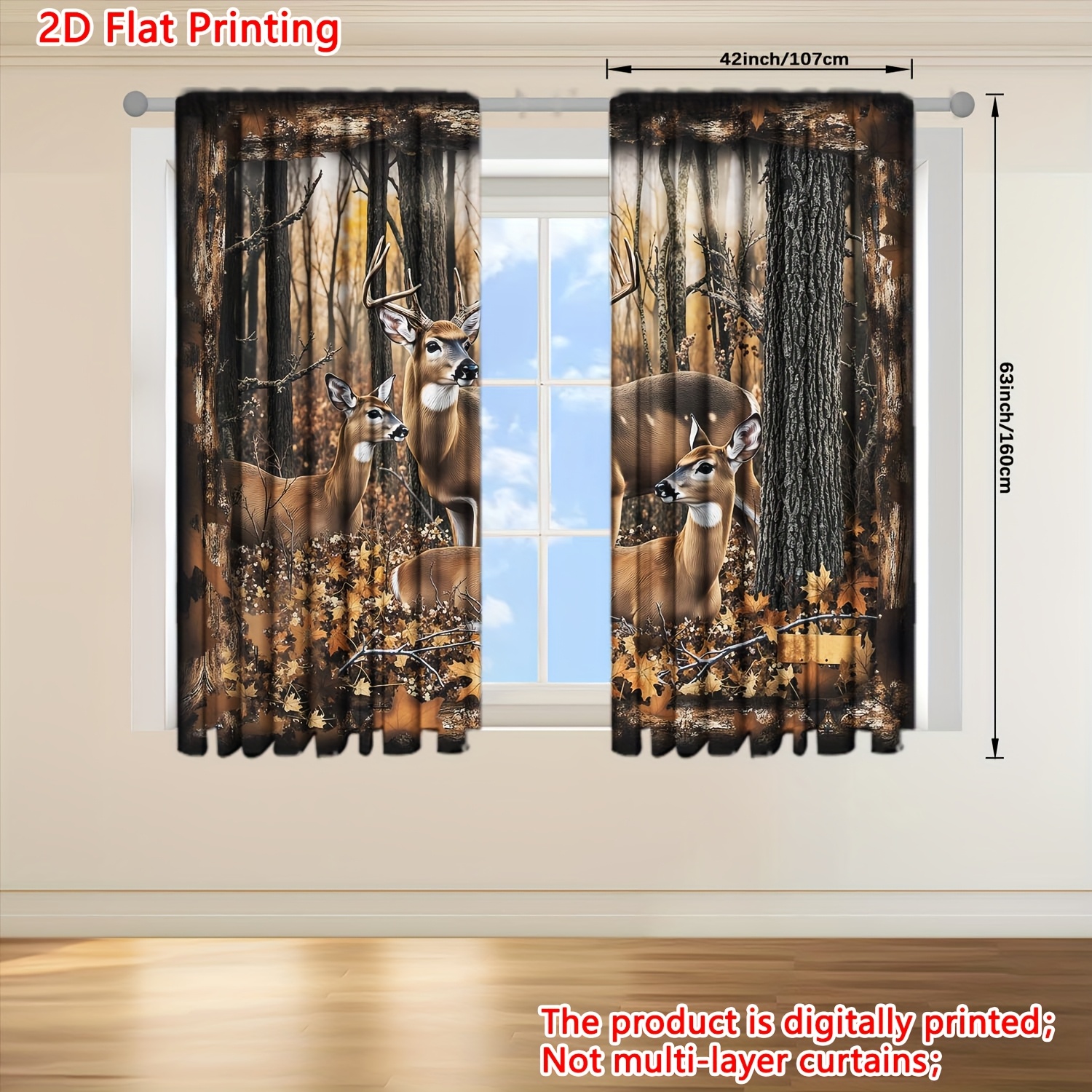 TEMU 2d Flat, 2d Flat Printed 2-panel 3 Deer In Pattern Window Curtains - Rod , Thermal Insulation, Light Blocking, Privacy Protection - Wildlife
