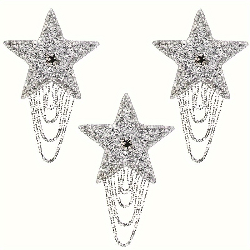 

3pcs Star Rhinestone Applique Patches With Dangling Chains, Solid Color, Fantasy Themed, Iron-on Diy Decoration For Clothing, Hats, Bags - Silver