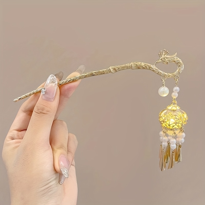 Golden Phoenix Pearl Fringed Lantern Hairpin, Retro Court Style