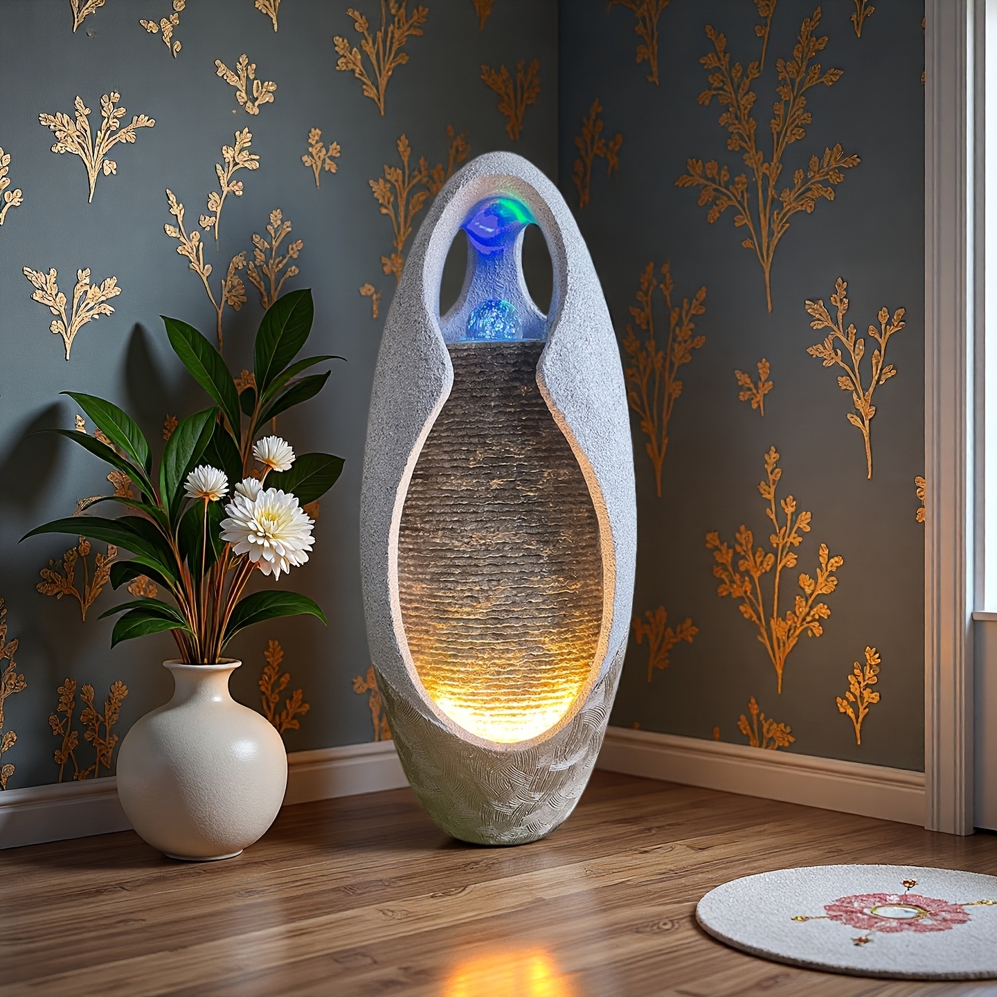 TEMU An Indoor Floor Fountain, Standing 27.55 Inches Tall. A Home Decor Item, A Large Cobblestone Floor Fountain Ornament, Complete With A Glass Ball