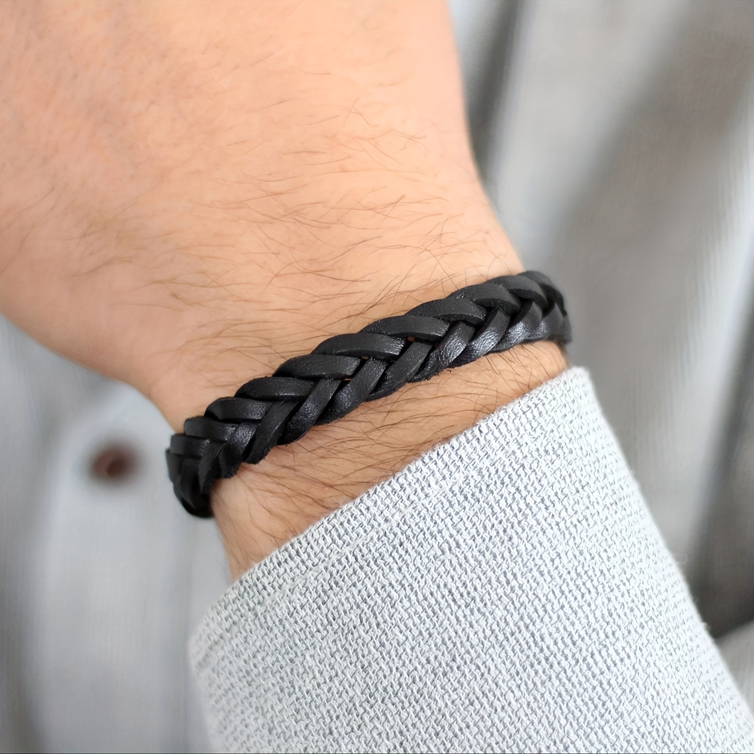 E-shop Schwarzes geflochtenes Lederarmband, gewebter Lederring, Herren-Armband aus echtem Leder, schwarzes Lederarmband, Herrenschmuck, 1 Stück