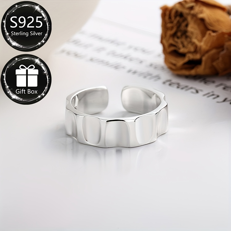 925 Pure Silvery Wide Band Ring Adjustable Opening Wave Texture
