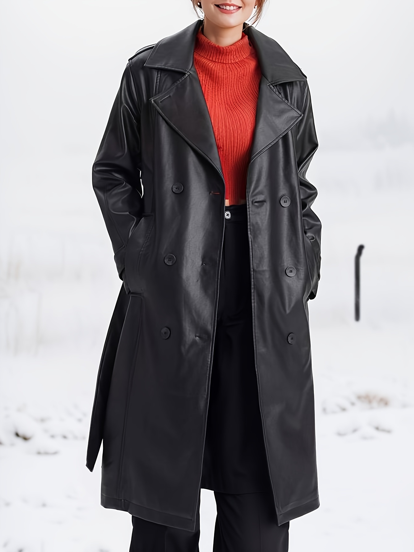 elegant womens pu leather trench coat adjustable belt solid Temu