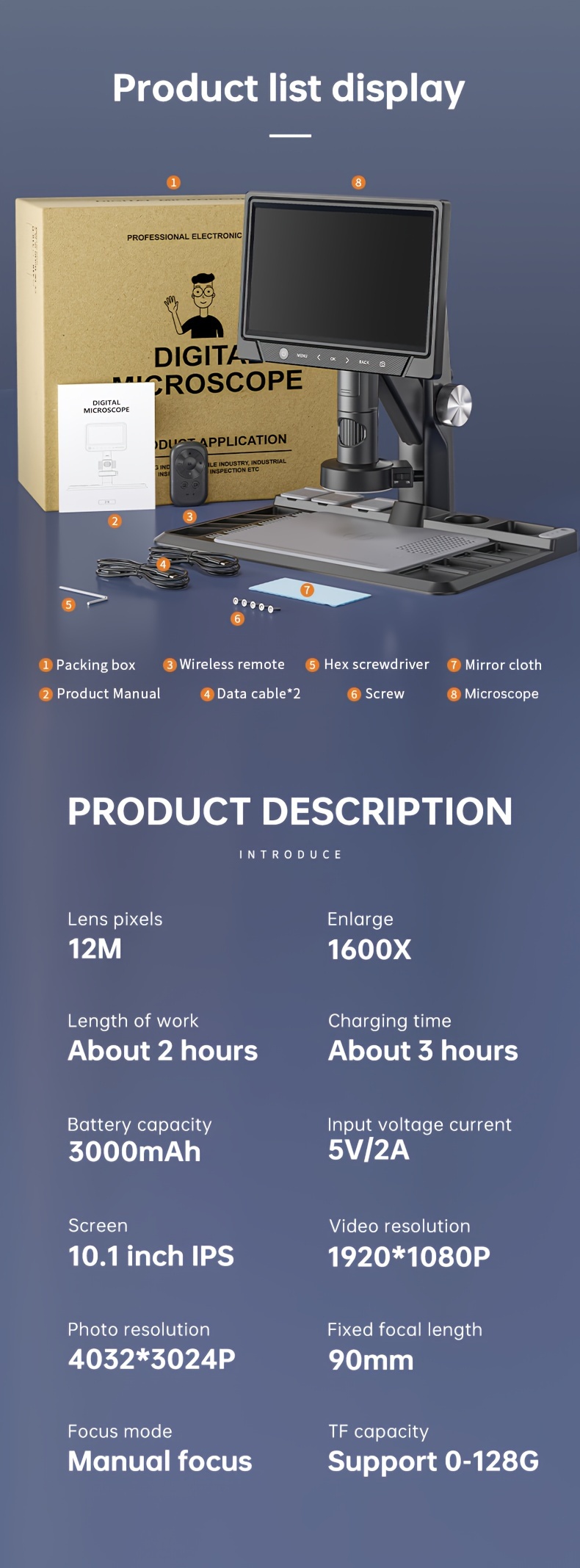 10 1in ips high definition digital display screen electronic microscope 12 million pixels magnifying glass 1600x for detecting mobile phones and watches parfocal lens high definition automatic focusing laboratory industrial measurement details 10