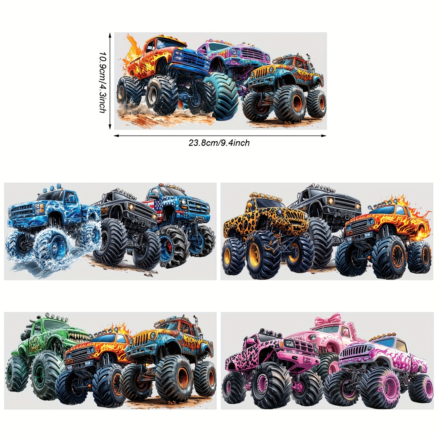 TEMU 5 Sheets Monster Truck Uv Dtf Cup Stickers 16oz, Dtf Friction Transfer Stickers, High Quality Cartoon Stickers For Diy, Furniture, Crafts