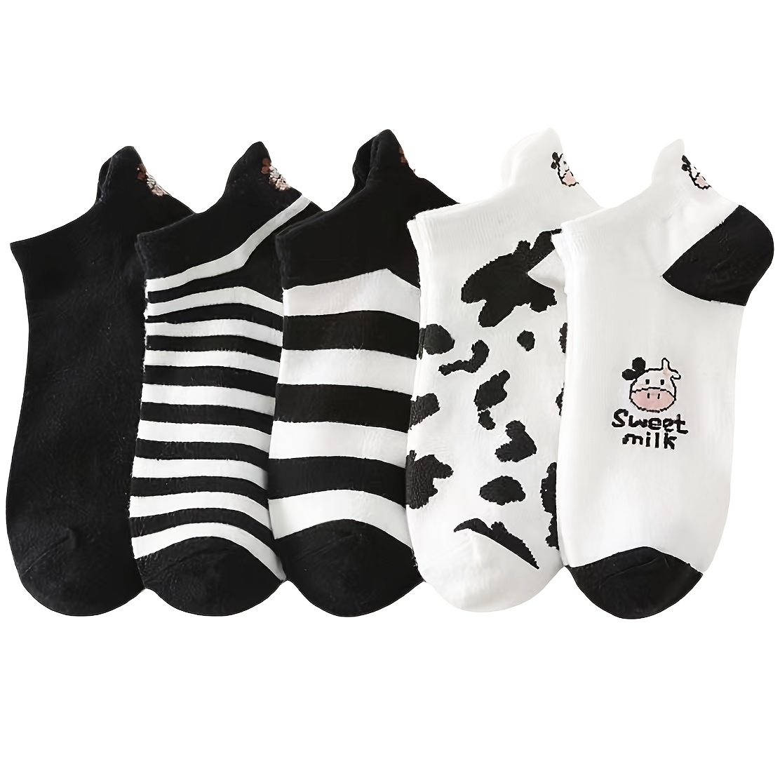 TEMU 5 Pairs ' Comfortable Cow Print Black And White Striped White Ear Loop Short Socks Boat Socks