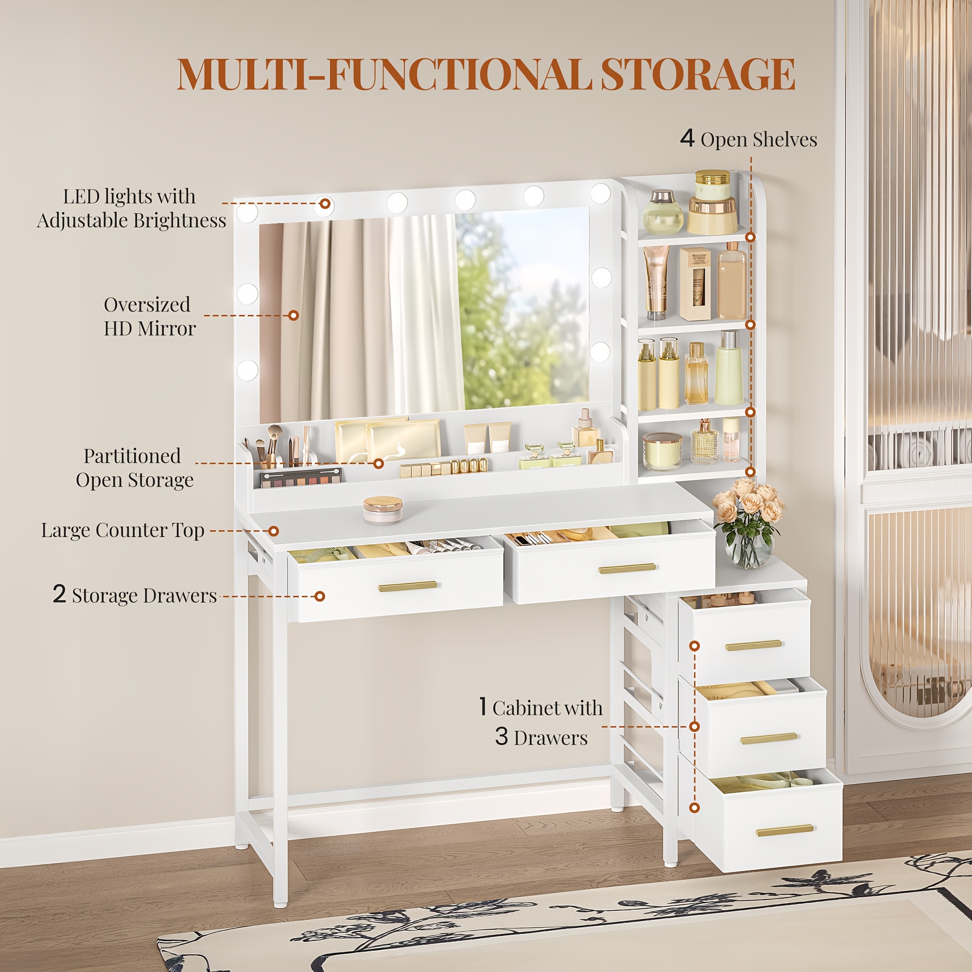 110 Cm Vanity with LED Lights, Large Mirror & Adjustable Brightness