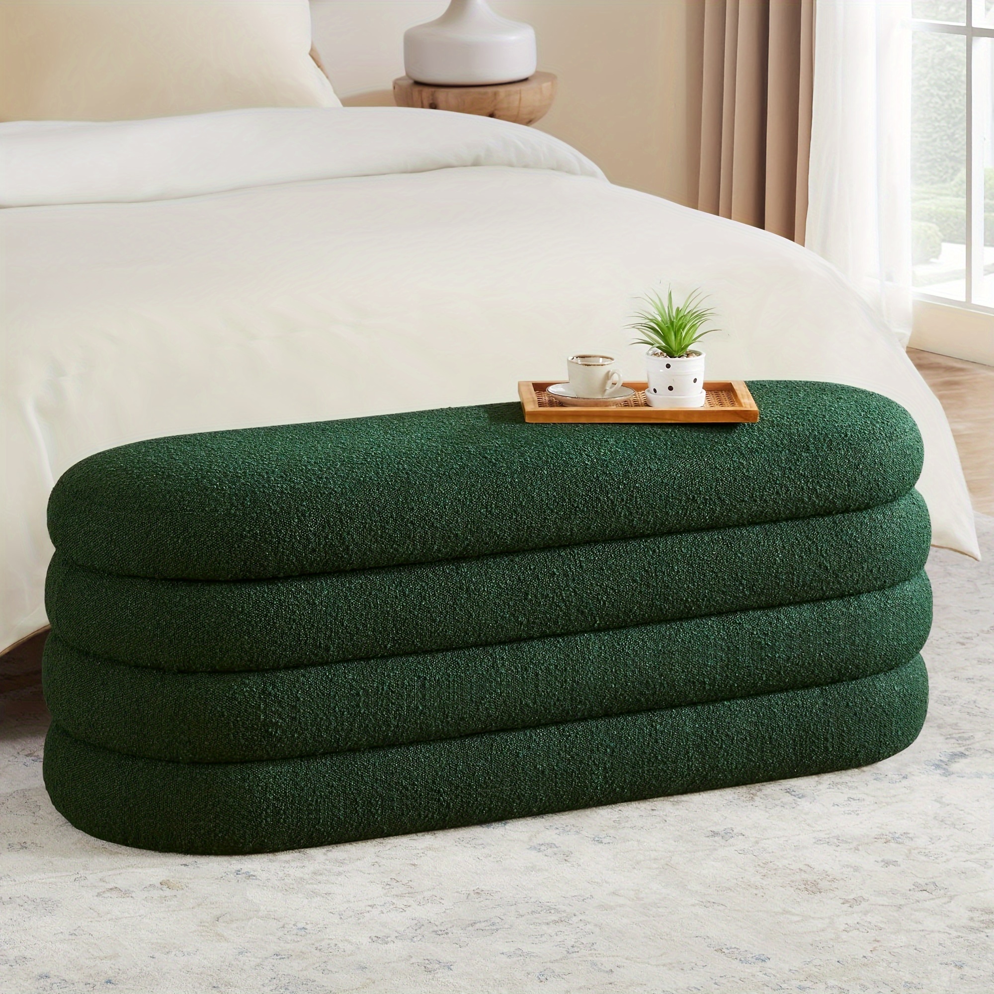 Storage Ottoman Bench 49.2 Inch Upholstered Fabric Storage Bench for Bedroom End of Bed Aesthetic Large Oval Storage Ottoman for Living Room Entryway