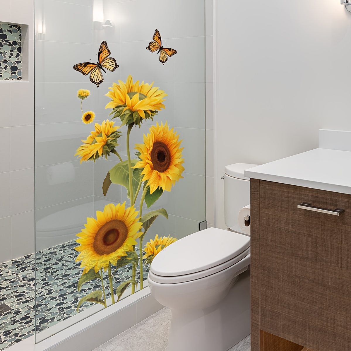 TEMU 1pc 30*59cm Sunflower And Decorative Glass Sticker, Sunflower Field Pastoral Style Bathroom Shower Room Sliding Door Glass Decal, Watercolor