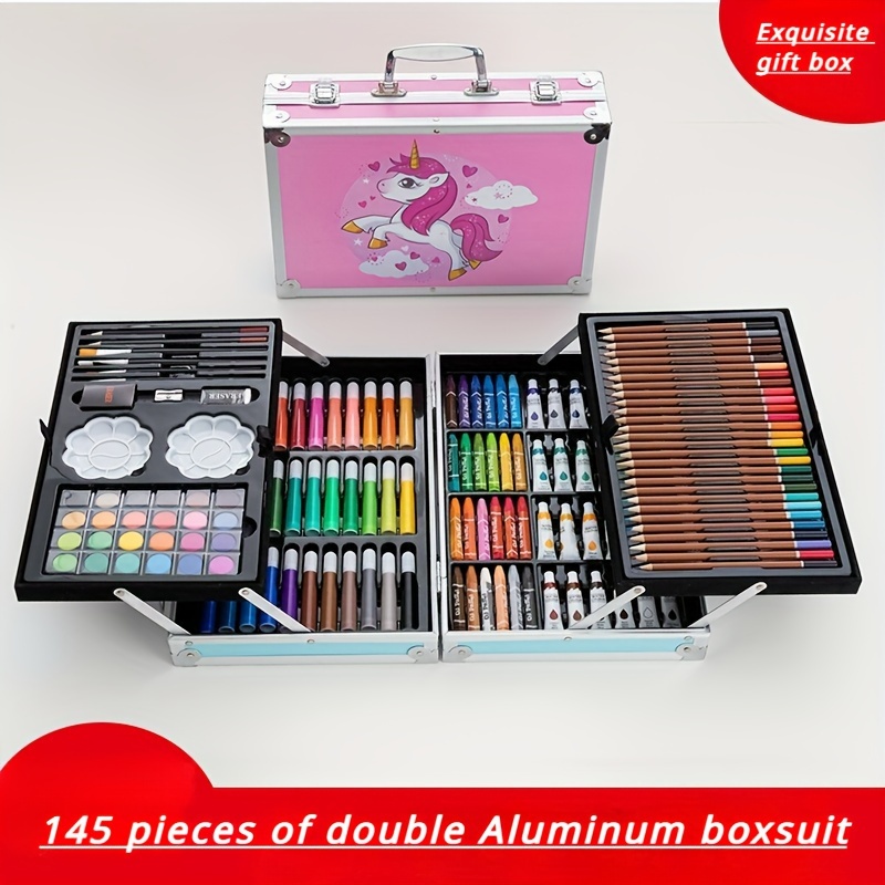 

145 pièces Boîte en aluminium double couche Ensemble de stylos de peinture Ensemble de peinture à l'aquarelle Coffret cadeau , Cadeau de Noël