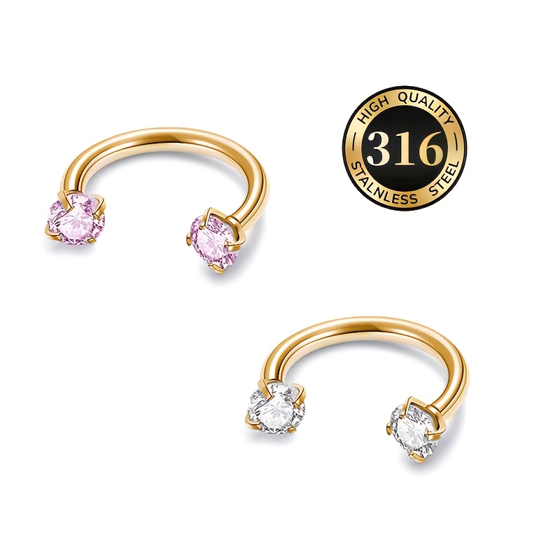 E-shop 2er-Set Synthetischer Zirkonia Nasenring/Lippenring/Ohrlinge, U-förmige Stange 316 Edelstahl Schmuck, Innengegossener C-förmiger Stangenring,