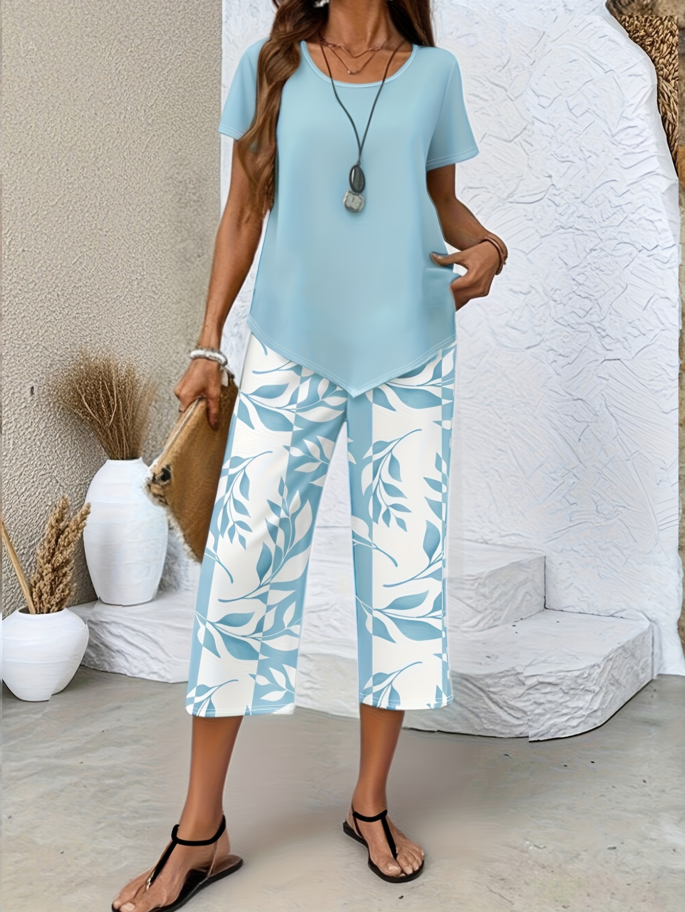 spring and summer womens casual two piece set light blue short sleeve crew neck   and   print   wide legs loose and comfortable daily street commuting versatile casual suit