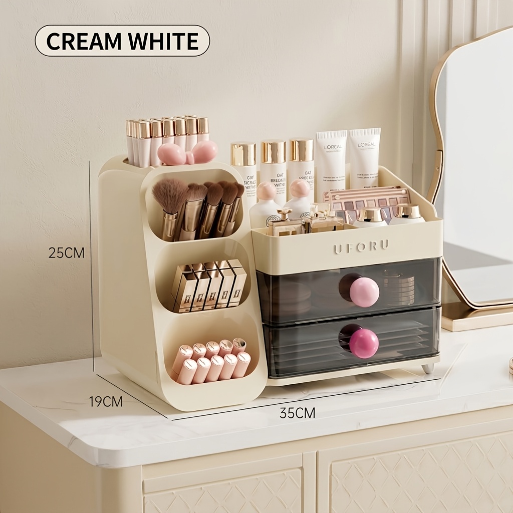 2-drawer Cosmetics Storage Box | Spacious Makeup Table With Brush Holder, Countertop Skincare Organizer, Wood Material
