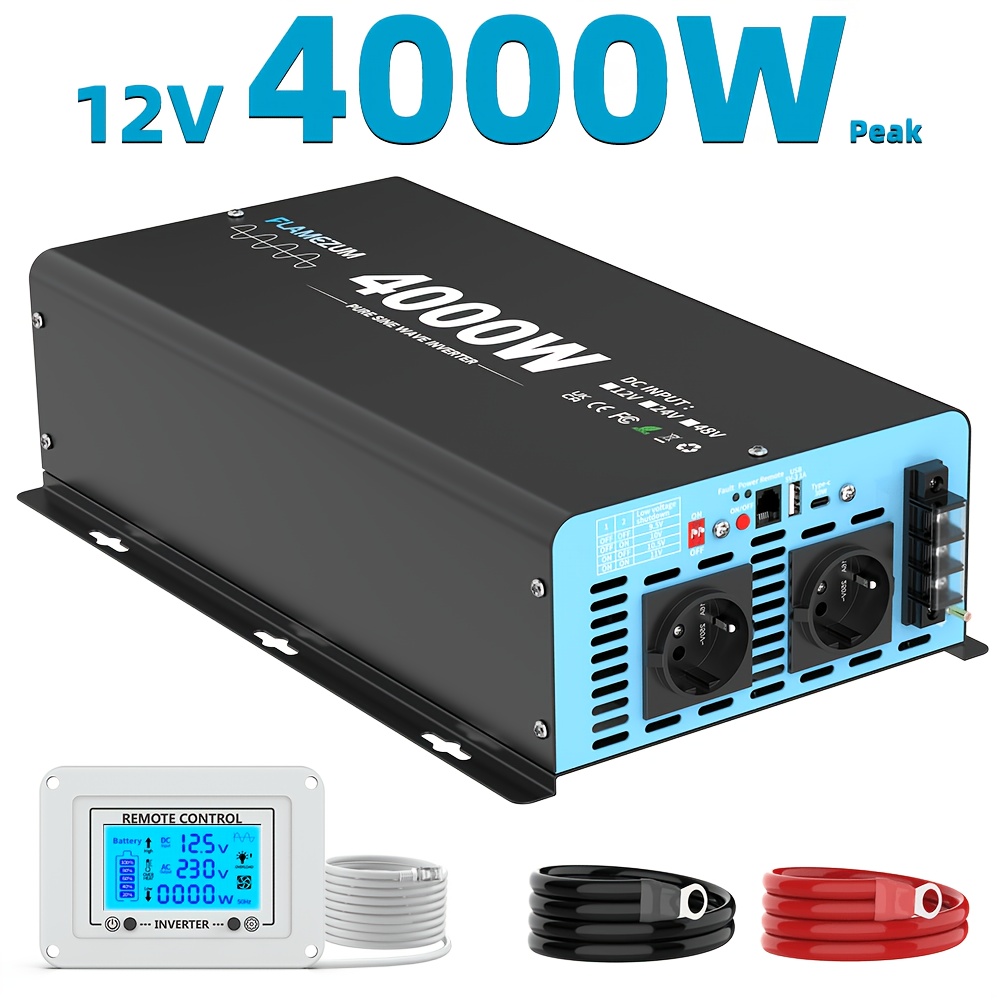 TEMU 4000 Watt Continuous Duty Inverter Power Converter 8000w () Voltage Converter 12v 24v To Ac 230v With Usb Port, Lcd Screen, 2 Eu Sockets, Remote