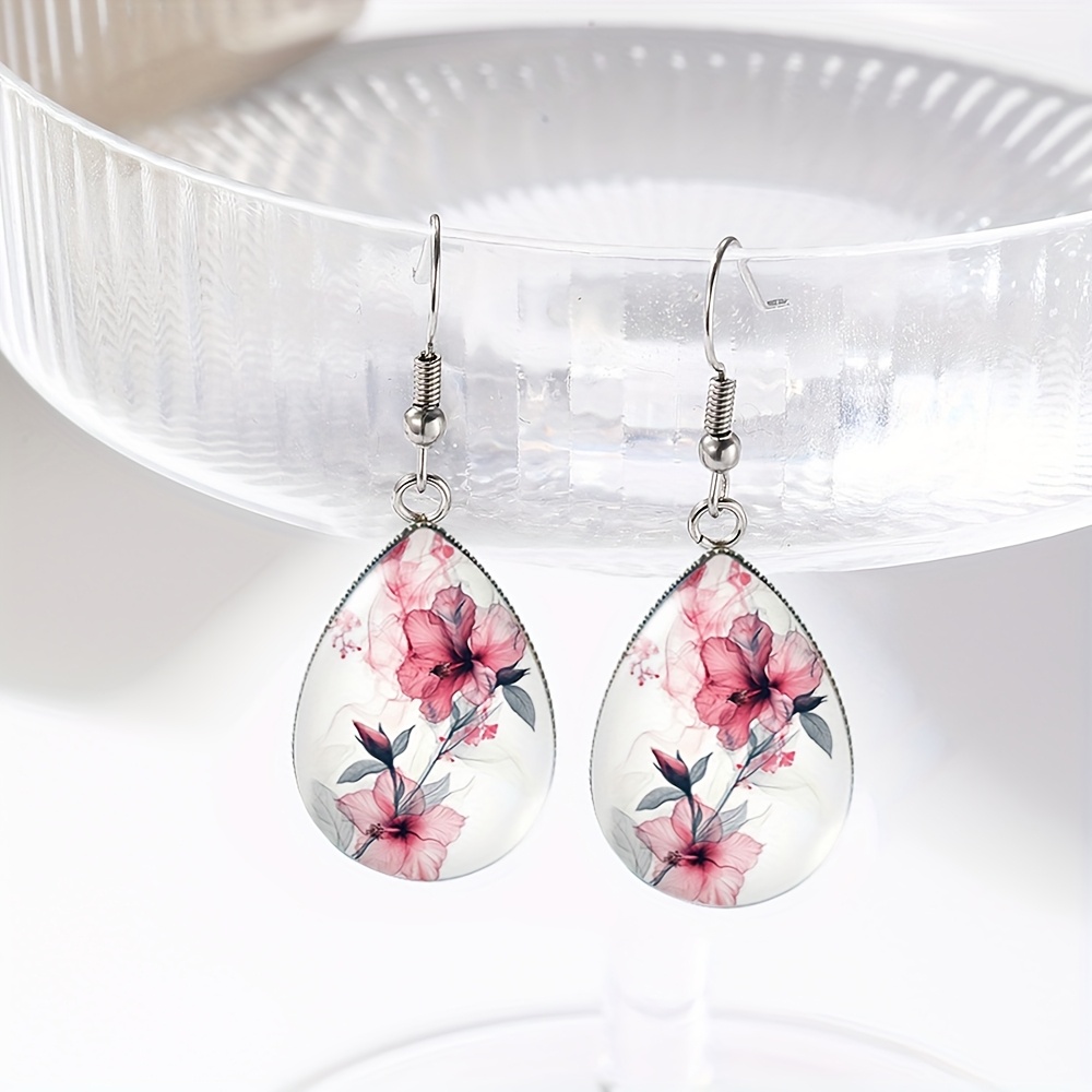 1 Pair Pink Painting Tear Drop Earring Handmade Glass Dome Dangle Earrings Jewelry