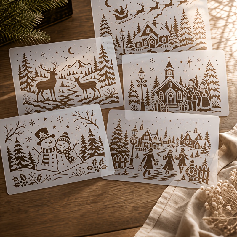 TEMU 5pcs Reusable Colored Christmas Stencil Templates Suitable For Wall Art, Fabric Crafts, Furniture Makeover - , Reindeer Sleigh, Snowman, Pine
