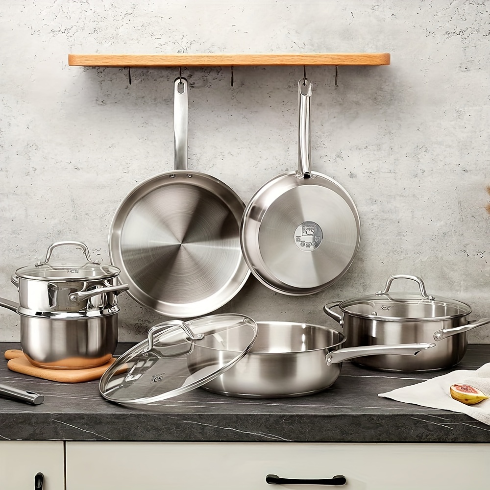 TEMU Ensemble de 10 pièces de casseroles et poêles en acier inoxydable, ensemble de casseroles et poêles en acier inoxydable, batterie de cuisine en