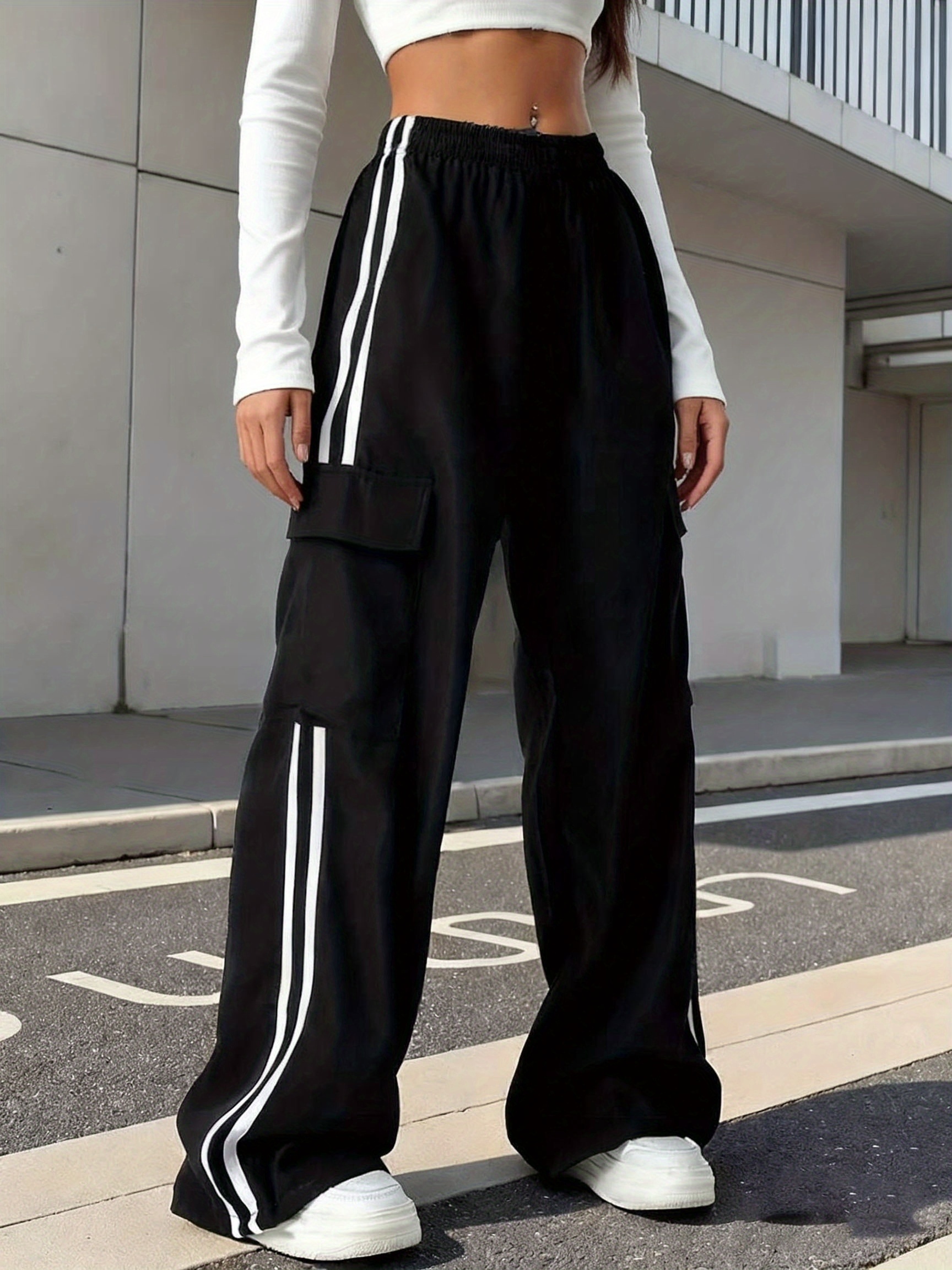 item picture girls   striped cargo pants high waisted wide leg sweatpants fashionable dual   suitable for spring and autumn outdoor activities   outdoor