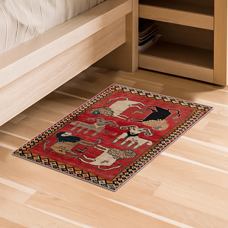 TEMU 1 tapis d'entrée en velours, style rétro général. principal est , entouré d'une bordure clé grecque noire et blanche, effet vieilli mettant en