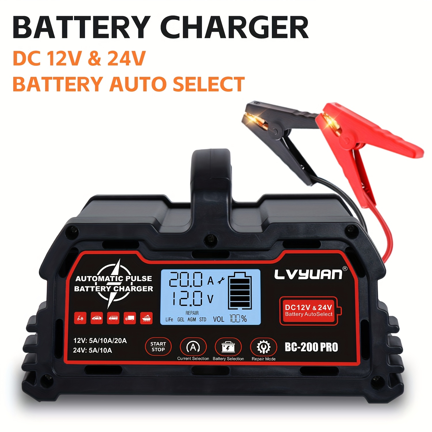 LVYUAN 20A 12V LiFePO4 Polnilnik za baterije, 12V/24V Polnilnik za svinčeno-kislinske baterije, z LCD zaslonom, način popravila, polnilnik za