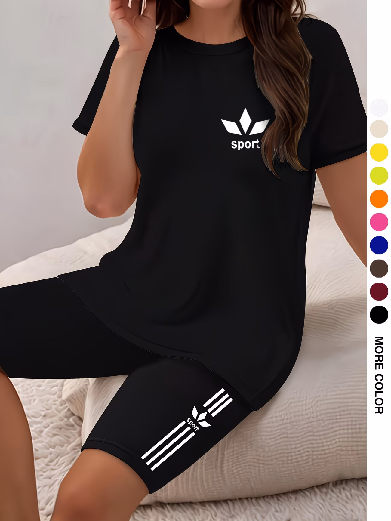 ensemble pièces pour femmes, haut à manches courtes et col rond avec imprimé et short moulant imprimé, parfait pour les s, et lextérieur. 0
