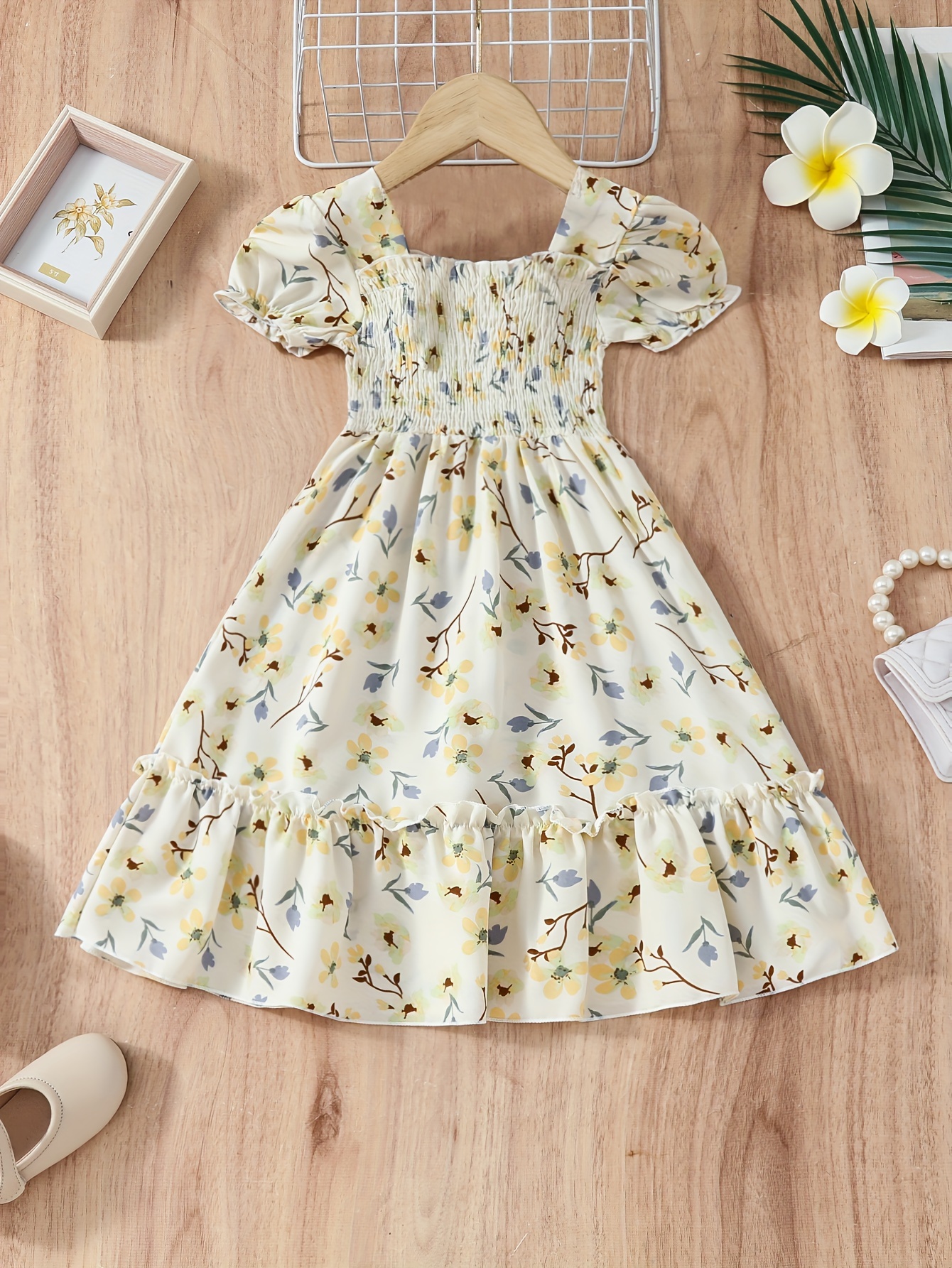 ★YOUHEE★FLOWER PATTERN PUFF DRESS yoeyez Boho Dress for Women Casual Puff 3/4 Sleeve Vintage